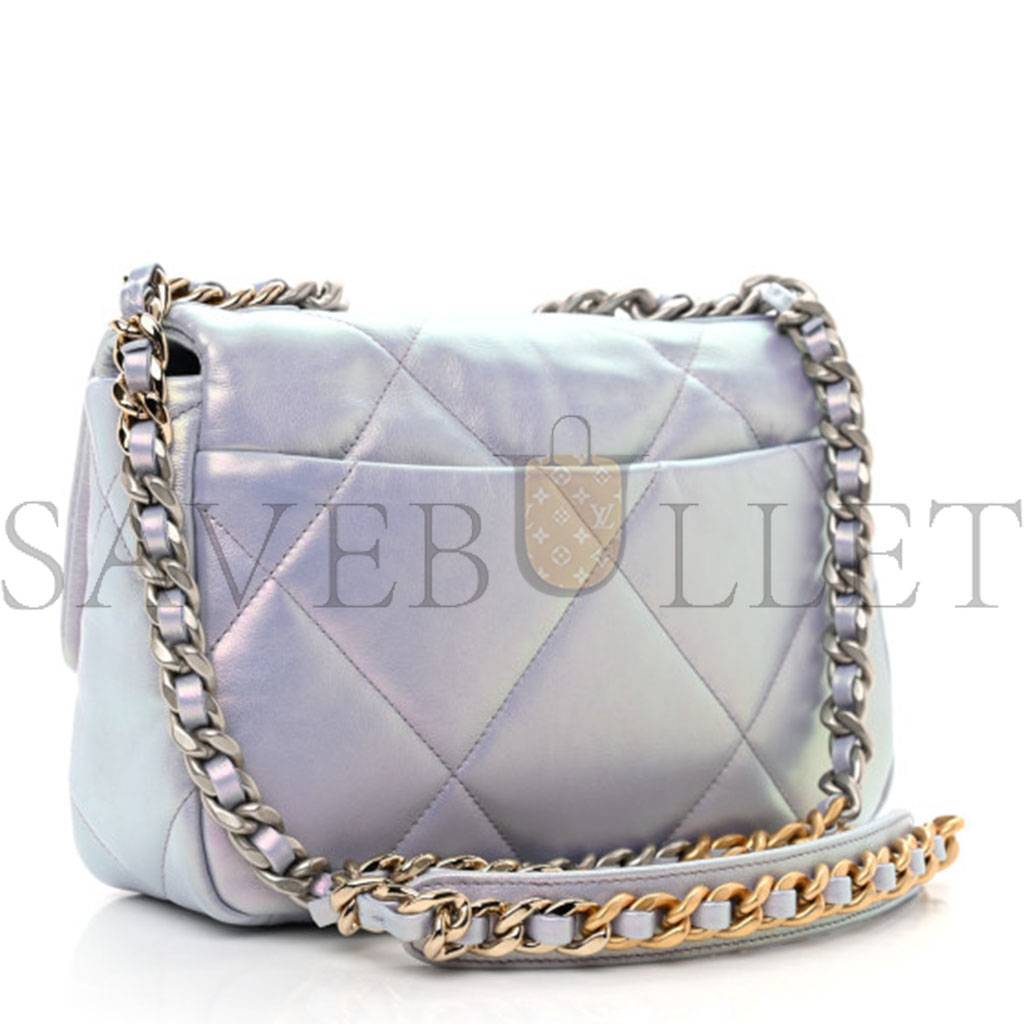 Ch*el iridescent calfskin quilted medium Ch*el 19 flap light silver purple blue as1160 (26*17*8cm)
